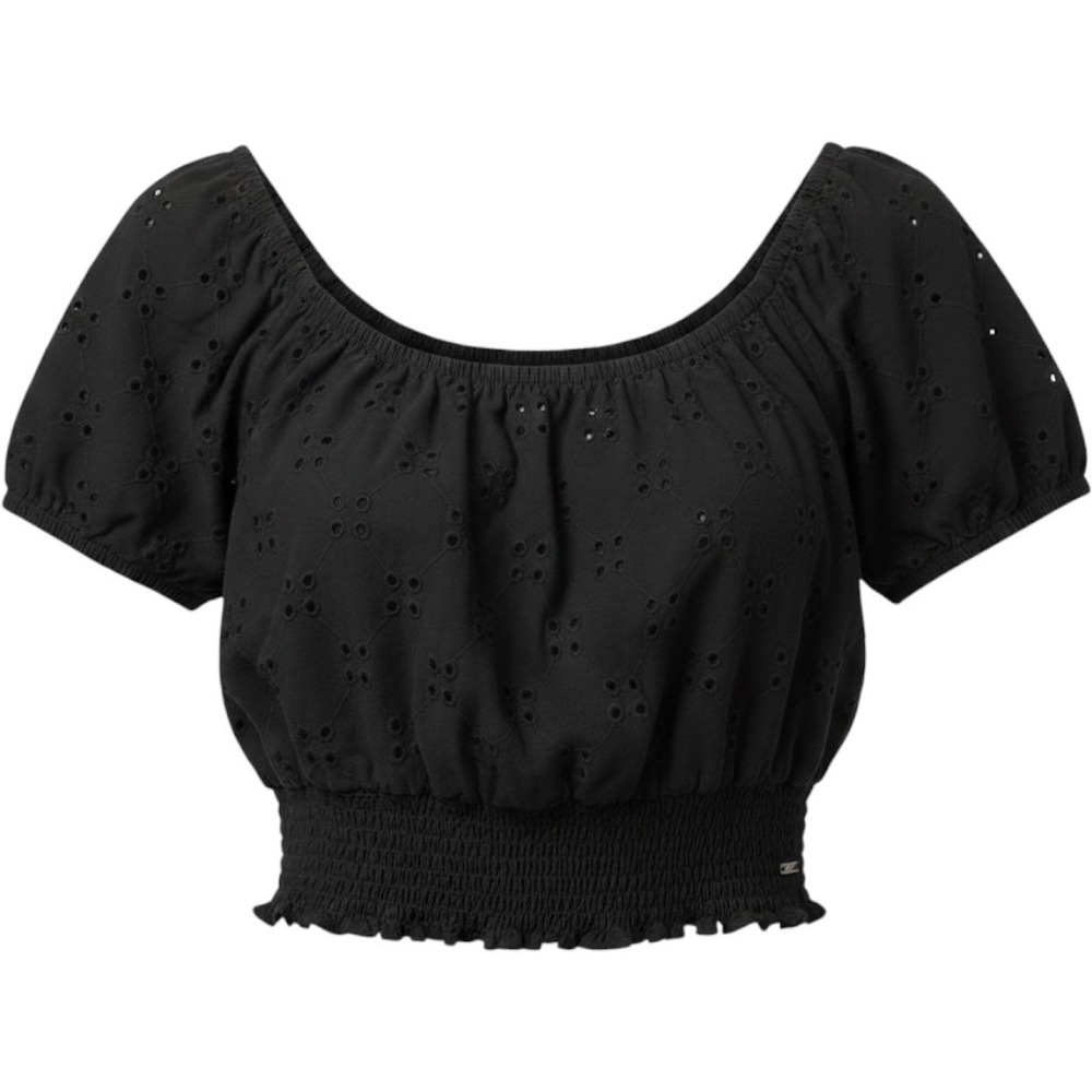 Y2K Hollister Eyelet Crop Top Womens Medium Black Excellent Smocked Puff Sleeve